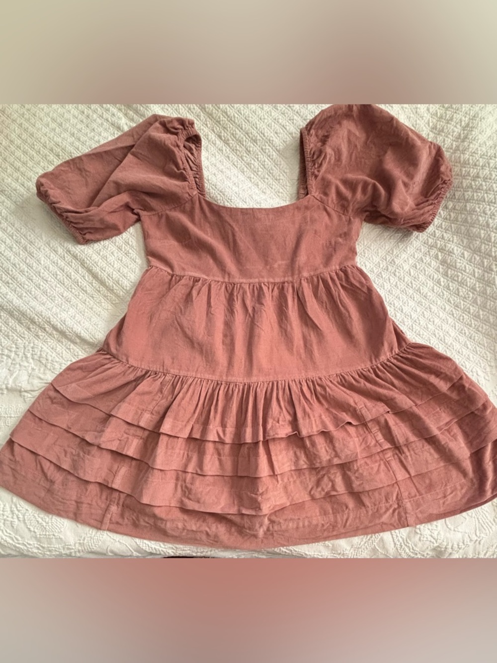 American Eagle Outfitters Girls Dusty Rose Tiered Puff-Sleeve Cotton Dress